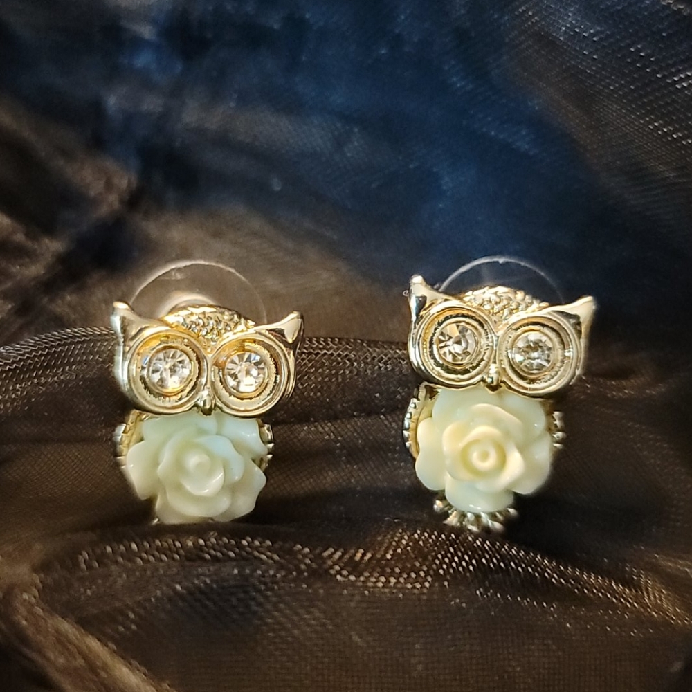 Gold Tone Owl and Rose Earrings